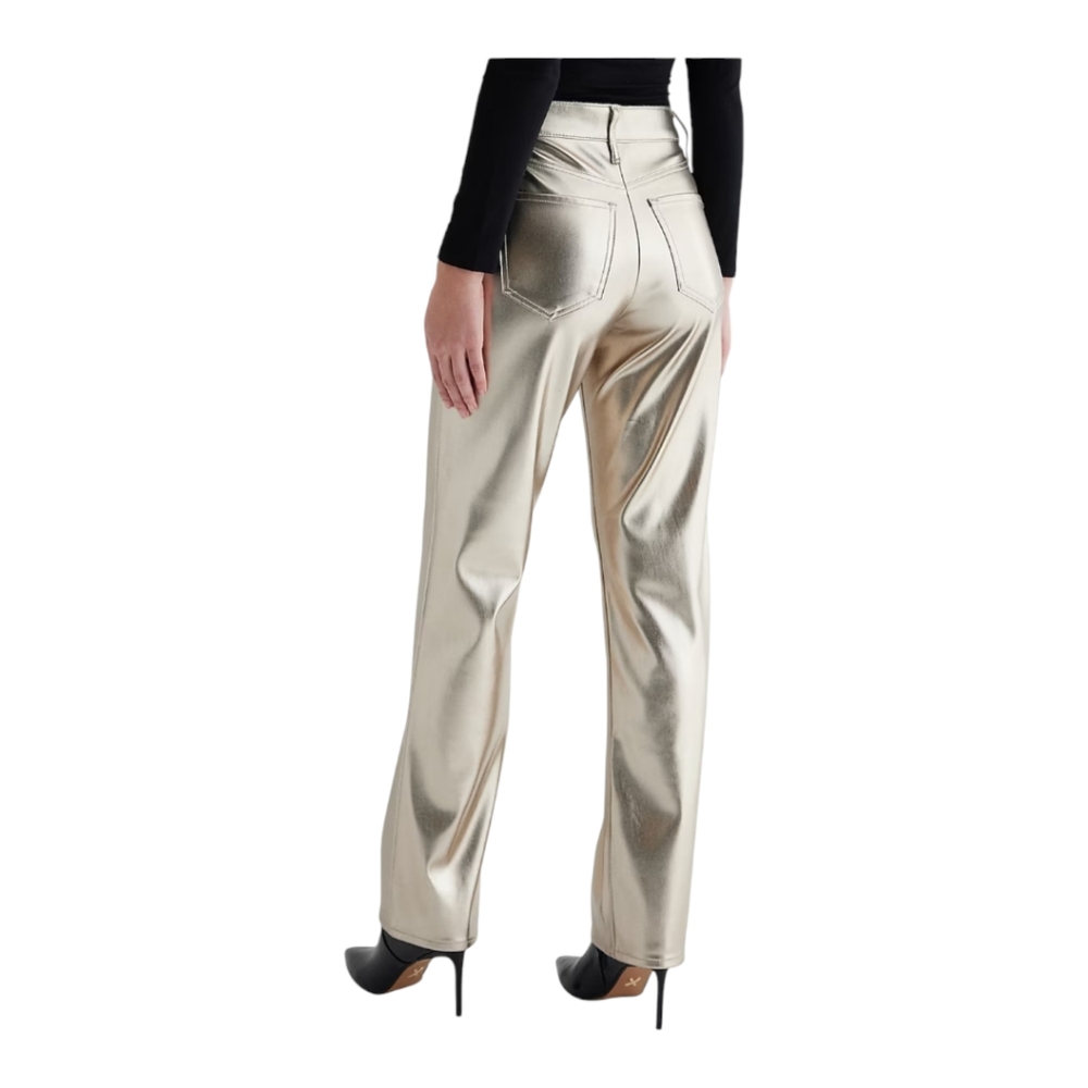 EXPRESS Modern Straight Metalic Gold Faux Leather Womens Pant 12R Mid Rise Vegan - Picture 2 of 5